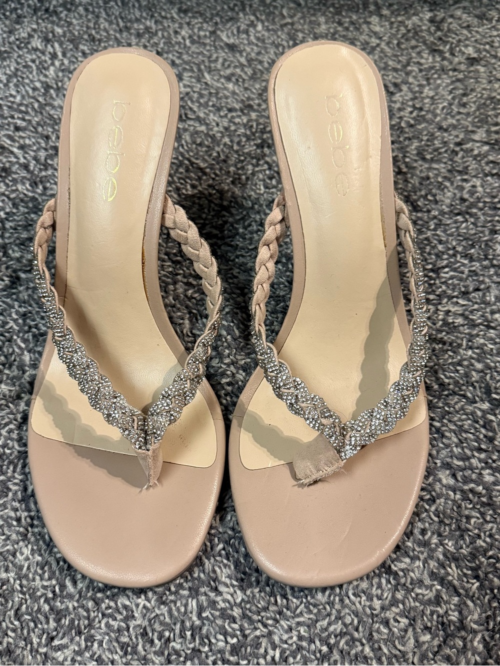 Bebe nude thong stiletto heels rhinestone bling 7
